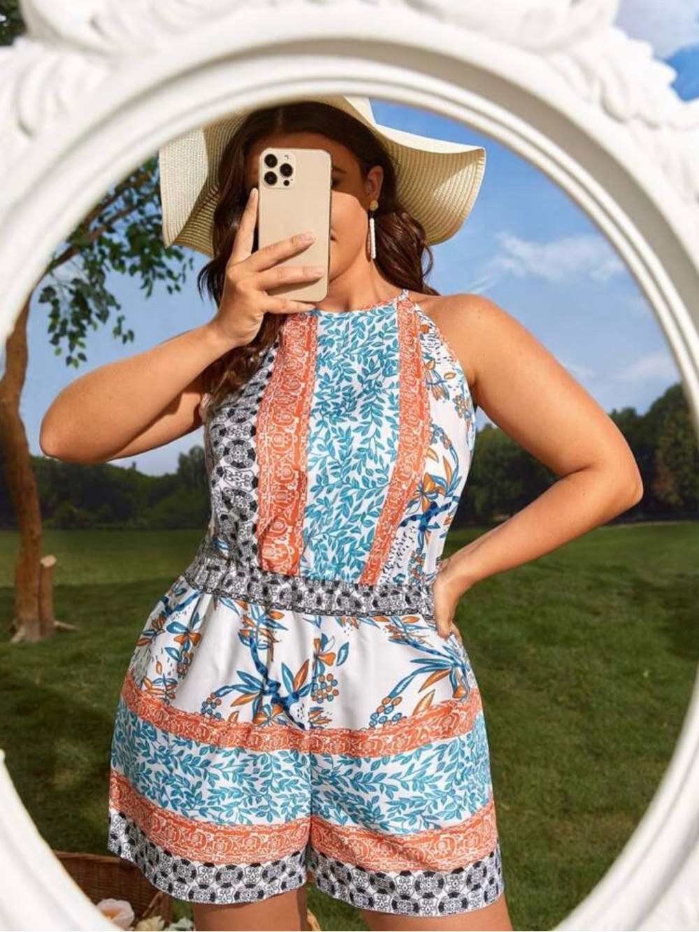 Plus Size Floral Patchwork Halter Romper - Blue & Orange
